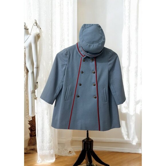60s Mode Kiddie Coats Light Blue Wool Double-Breasted Coat & Beret Union Made